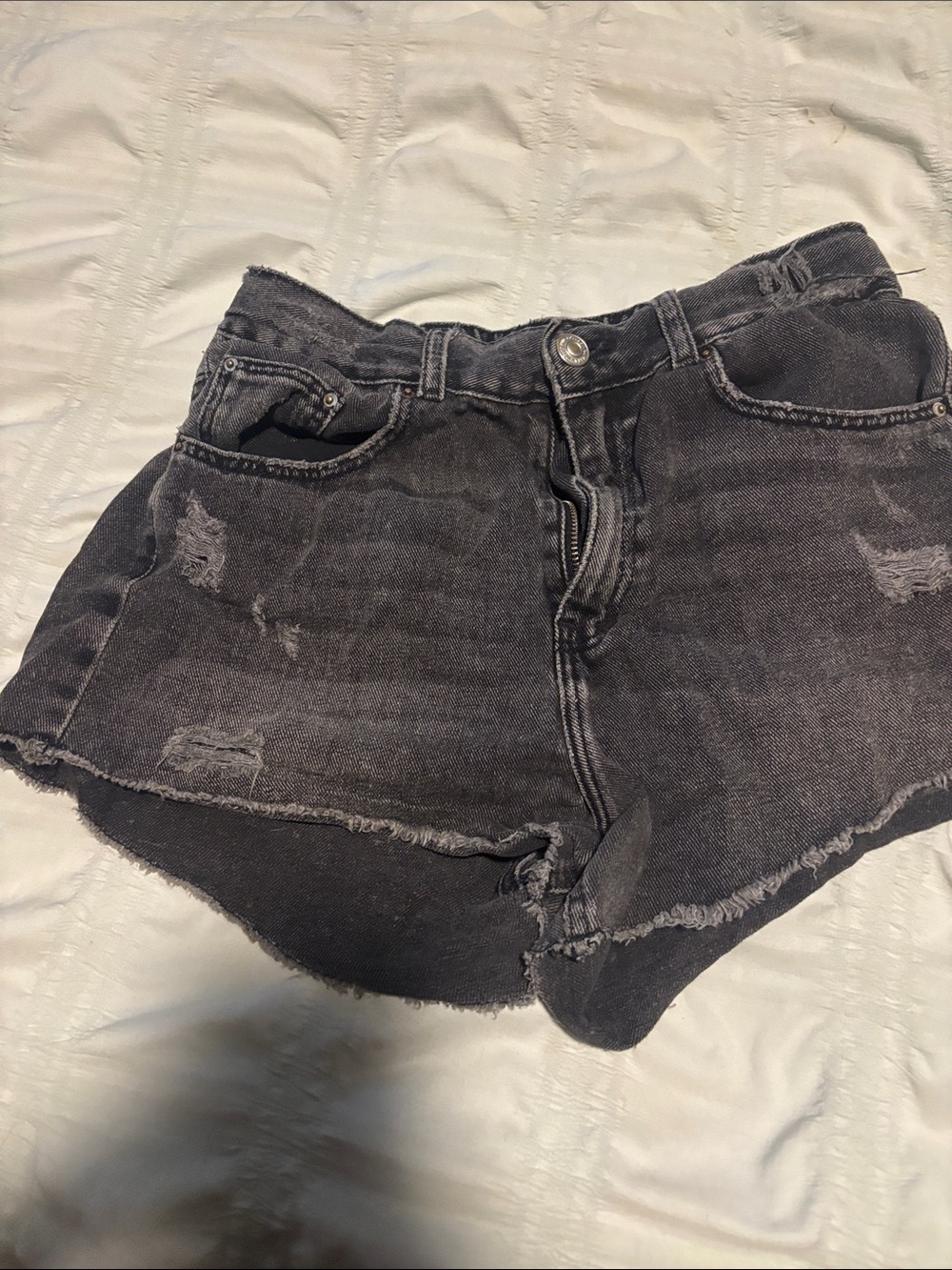 Zara Charcoal Black Distressed Denim Shorts